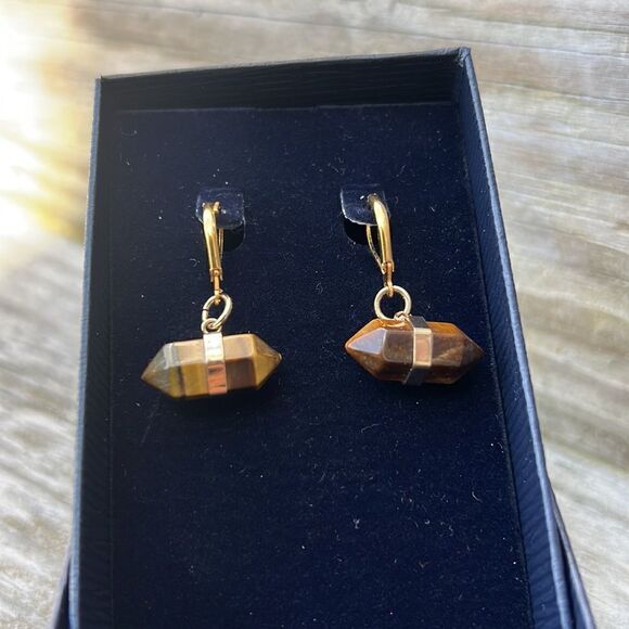 Cats Eye Gold Tone Earrings Earthy Boho - Picture 4 of 4